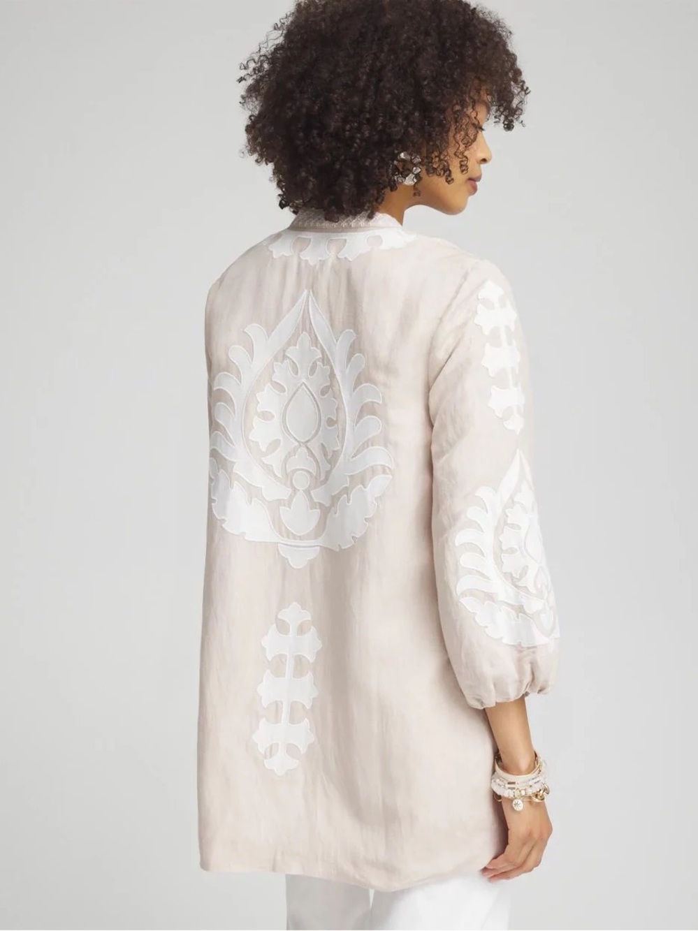 Chicos Embroidered Linen Topper Jacket Tan Open Front Size 10 Boho Coastal